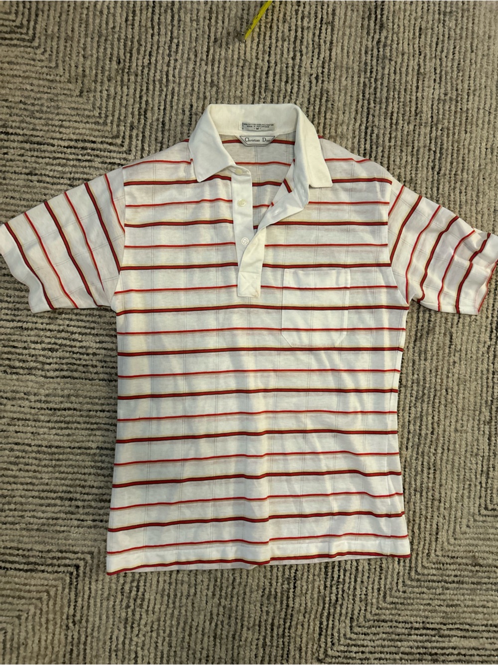 Christian Dior Striped Polo Shirt White with Red Navy Vintage Size Medium 80s